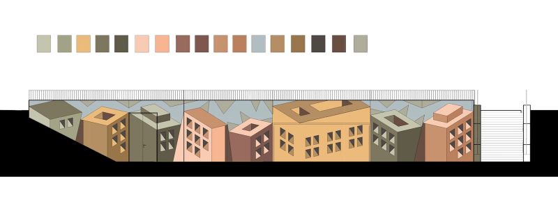 Felix Arkitekters illustrasjon av veggmaleri basert på fargepaletten. Malt av Guttestreker.