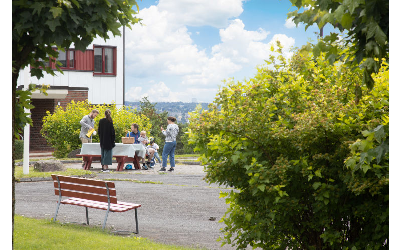Fellesområdet er hyggelig beplantet og utstyrt med bord, benker og grill