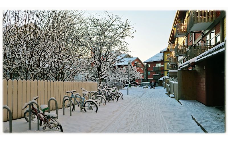 8. januar 2026: Fint med snø i Fjellgata 2 i bakgården i Verksgata borettslag.