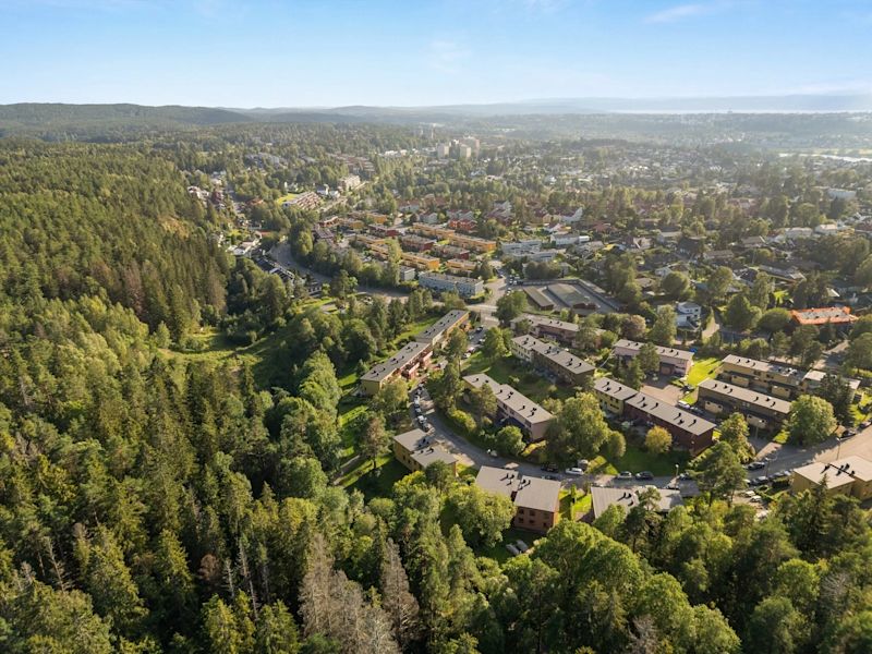 Dronebilde av borettslaget (utsikt mot sør. Nedslagsveien vises ikke)