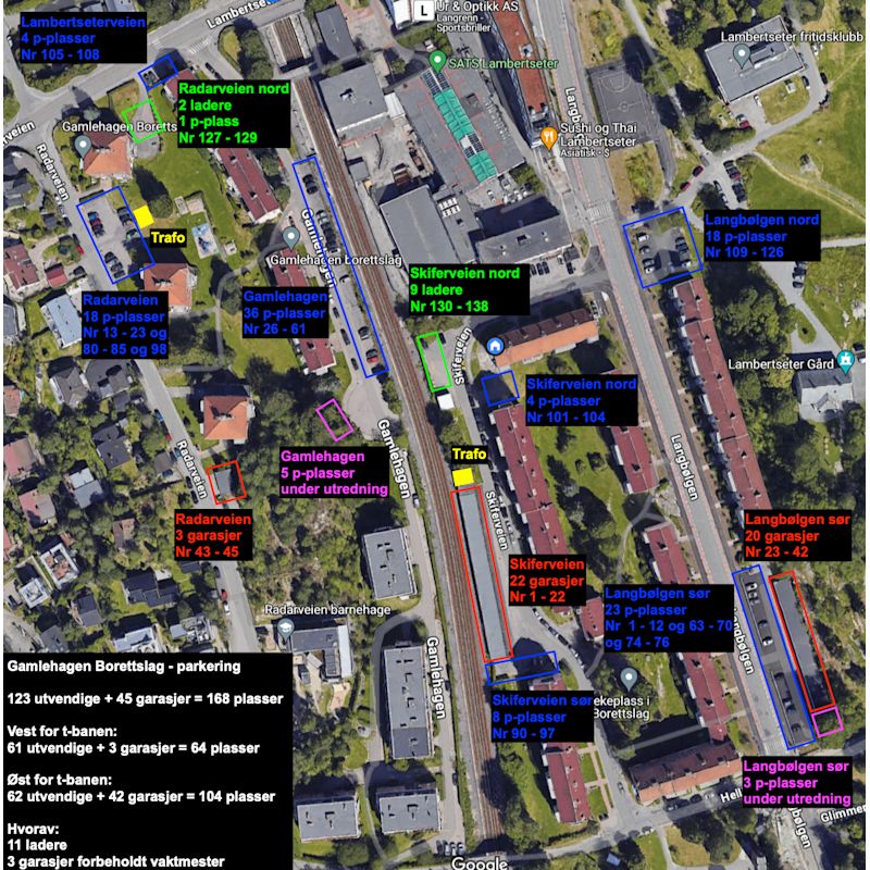 Oversikt over utvendige parkeringsplasser, garasjer og ladetorg. Kommunal gateparkering er også tilgjengelig flere steder